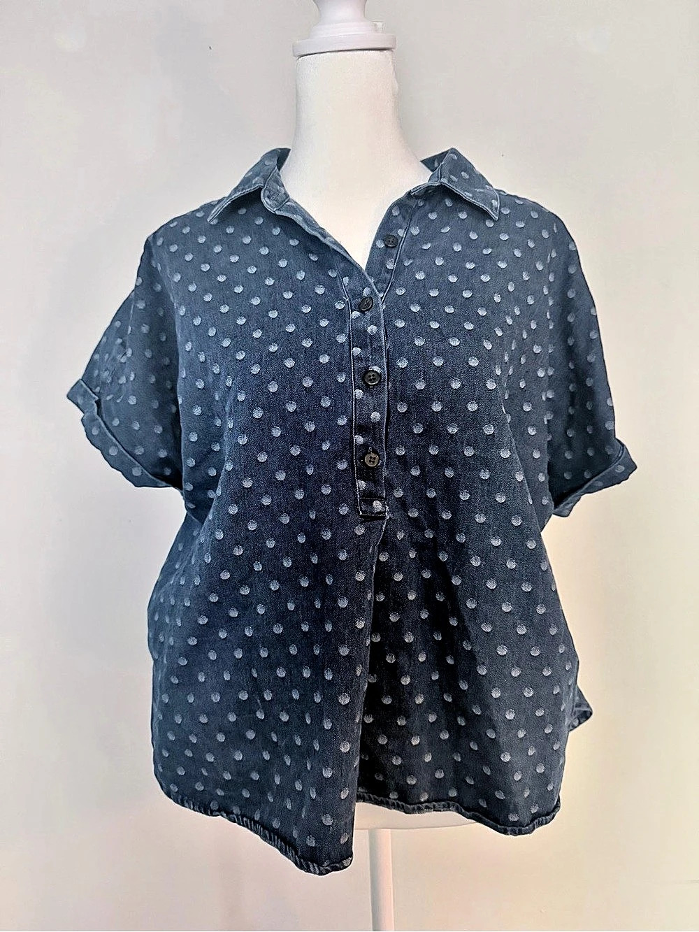 LOFT Medium Polka Dot Denim Chambray Button Front Short Sleeve Blouse